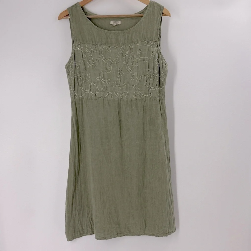 Lana Tomei Linen dress made in Italy sleeveless embroidered sage green classic